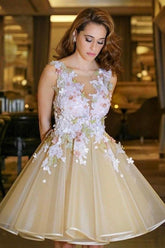 Elegant Tulle Short Prom Dresses, Open Back Homecoming Dress With Appliques